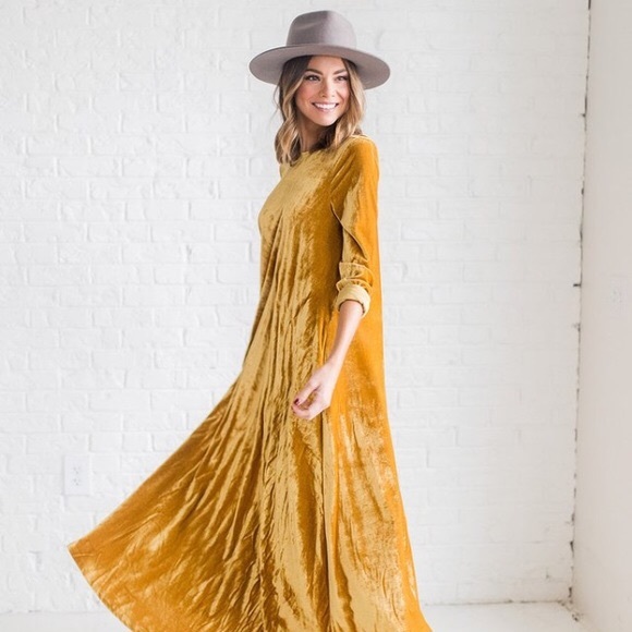 Velvet Mustard Yellow Maxi Dress 